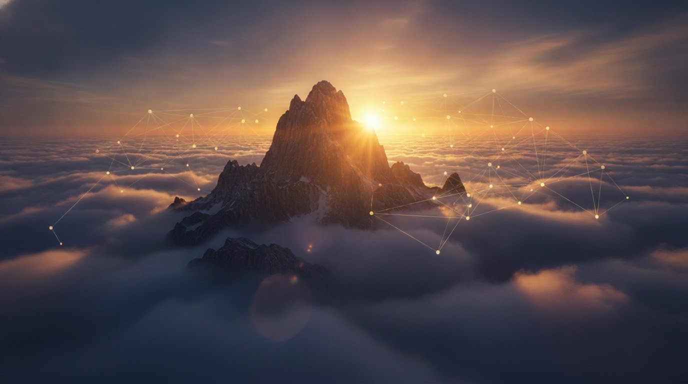 Majestic mountain peak with digital neural network overlay at dawn